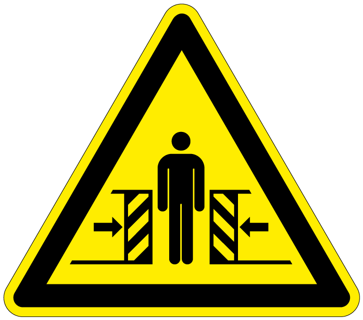 pictogram klemgevaar, geel zwart, driehoek, iso 7010, w019, poppetje beklemd